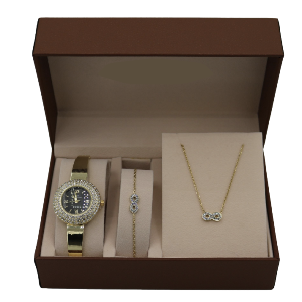 coffret montre bracelet et chaine , bijoux plaque or , or , strass , design
